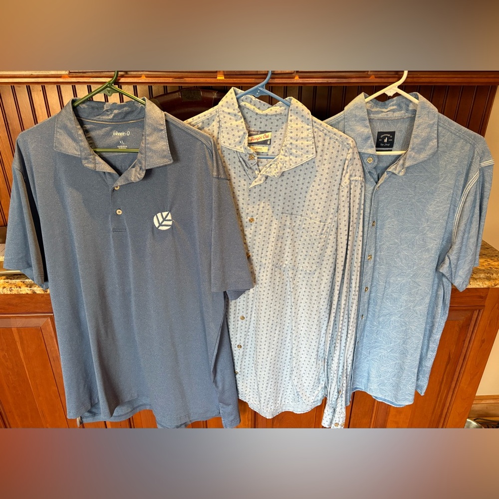 johnnie-O polos & long sleeve shirt (3). dark blue, white pattern & light‎ blue.